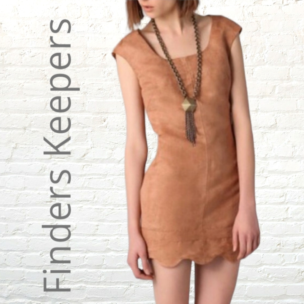 Finders Keepers | Size 12 | Faux Suede Tan Dress Exposed Back Scallop Hem Zip - Picture 1 of 11